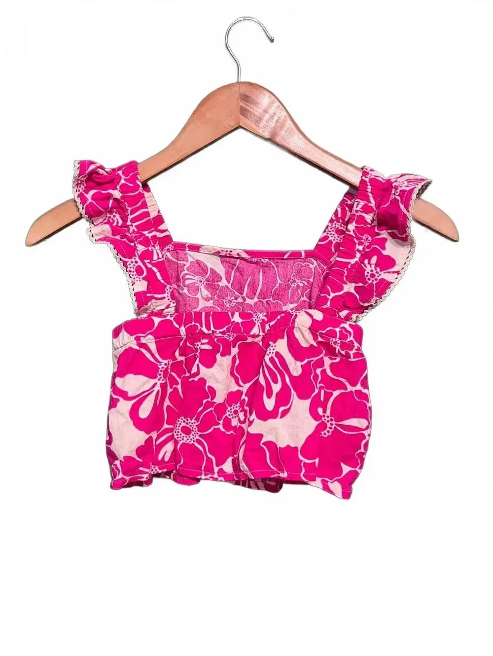 GAP Girls M (8) Pink Floral Ruffle Sleeve Crochet Trim Cropped Linen Blend Top
